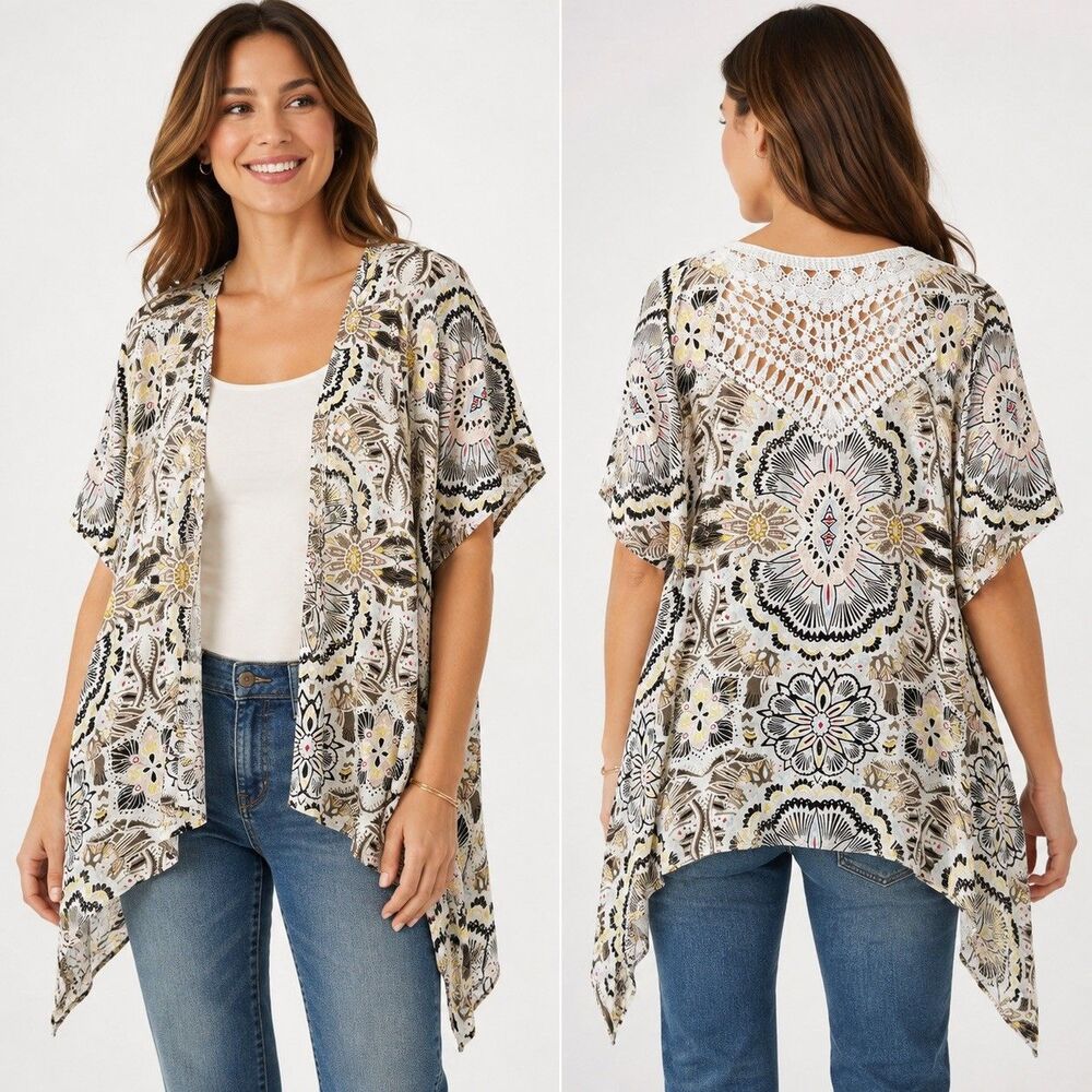 Chico’s Women’s S/M Floral Kimono Cardigan Crochet Lace Back Boho Open Front
